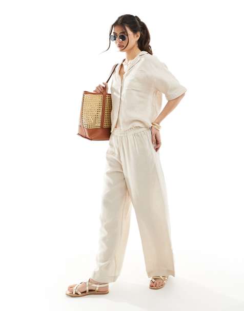 ONLY linen mix wide leg pants in beige (part of a set) - view 1