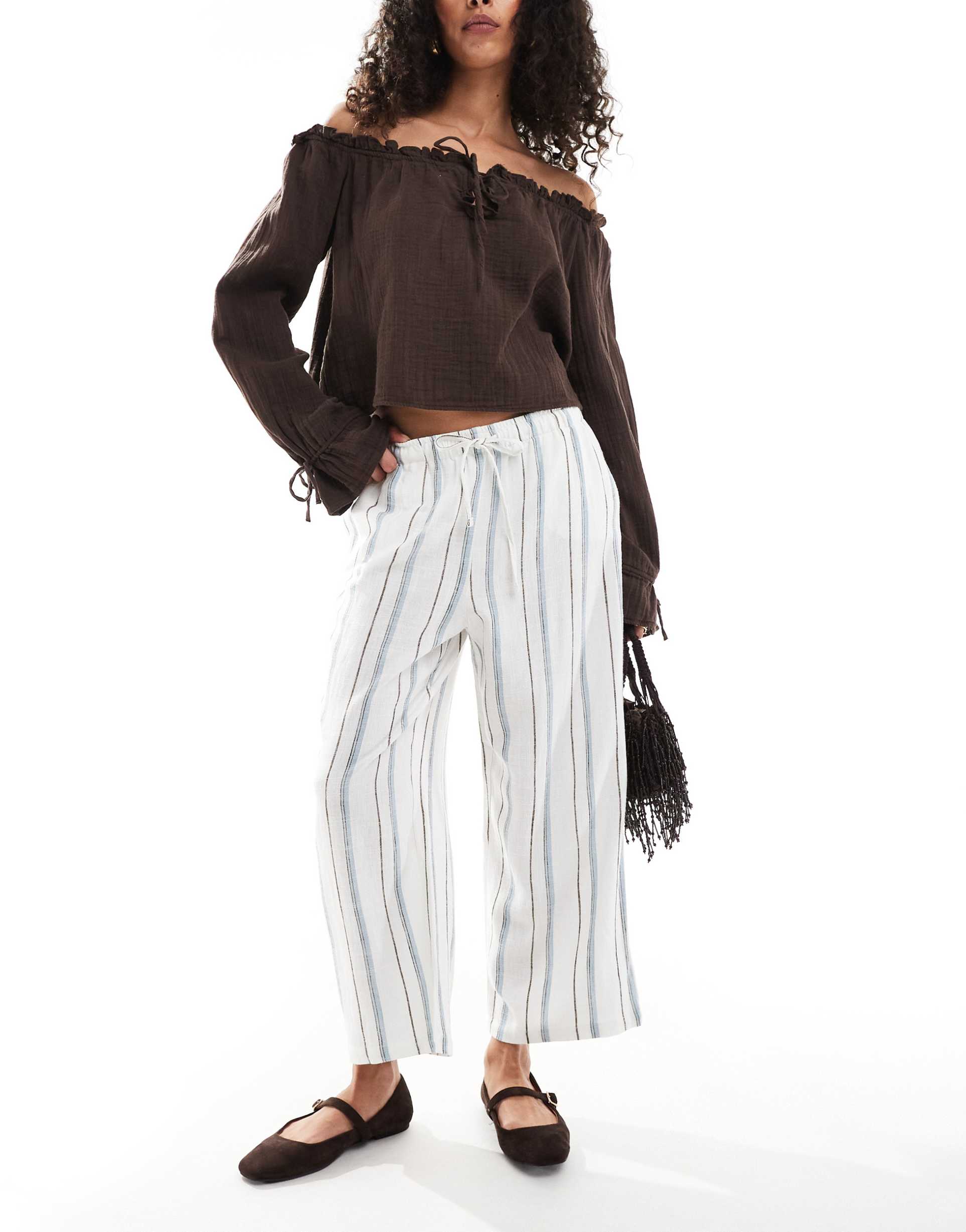 only linen mix wide leg pants in cream and blue stripe