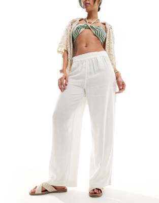 Only Linen Mix Wide Leg Pants In White-gray