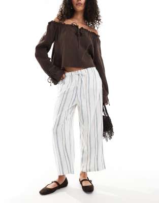 ONLY ONLY linen mix wide leg trousers in cream and blue stripe-White