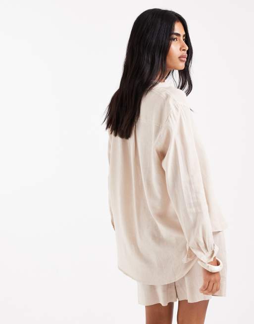 ONLY linen rich oversized shirt co-ord in beige , 2 of 4