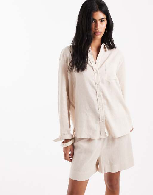 ONLY linen rich oversized shirt co-ord in beige , 4 of 4