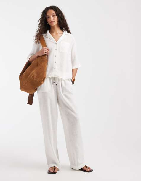 ONLY - Linnenmix co-ord set van overhemd met korte mouwen en broek met wijde pijpen in wit - view 1