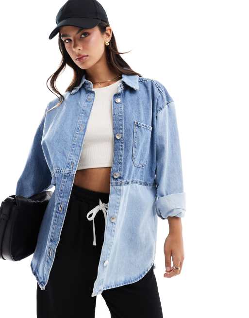 ONLY – Ljusblå, omarbetad jeansskjorta i oversize 