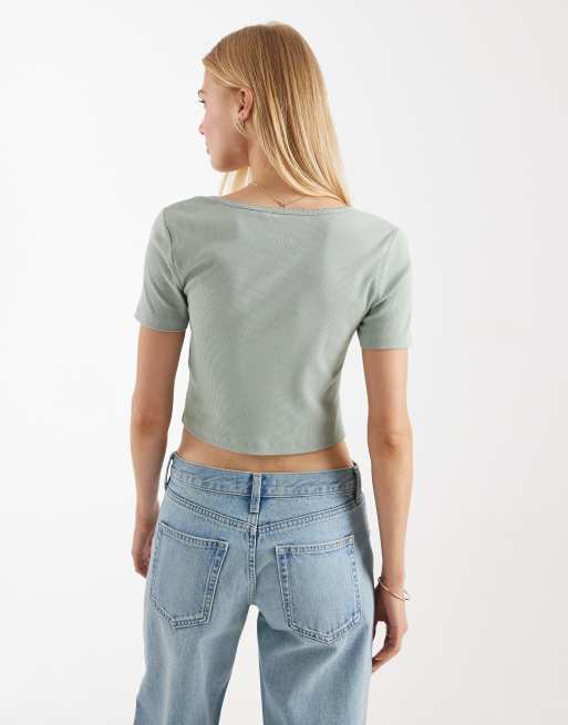 ONLY – Ljusgrön, ribbad t-shirt med rynkning, 3 av 4