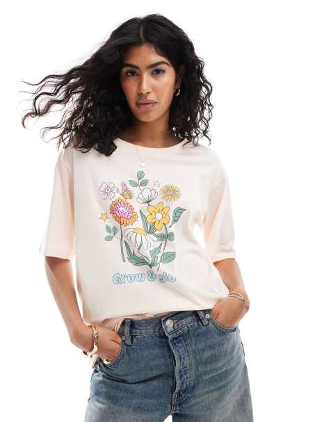 ONLY – Ljusrosa t-shirt i oversize med 'Grow & Glow'-tryck - view 1