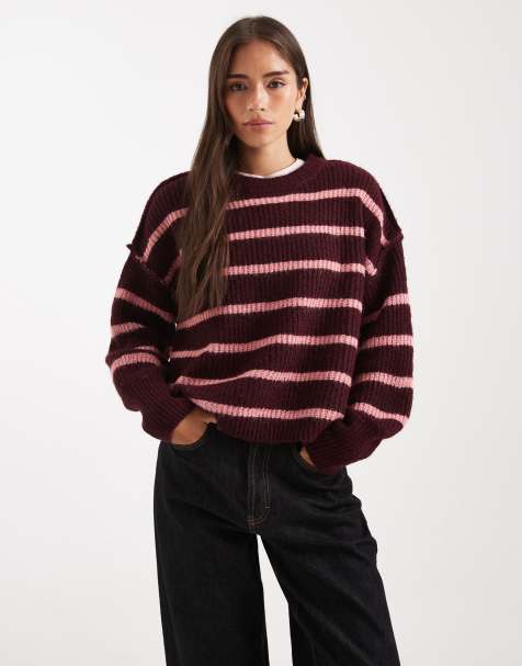 ONLY – Lockerer, gestreifter Oversize-Pullover in Burgunderrot und Rosa - view 1