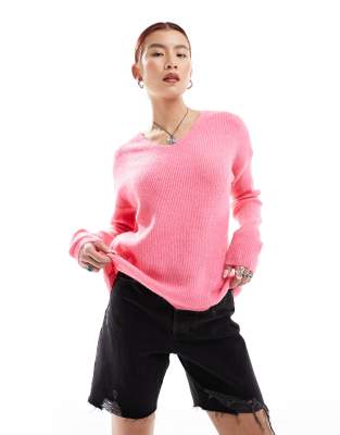 ONLY - Lockerer Pullover in meliertem Rosa mit V-Ausschnitt