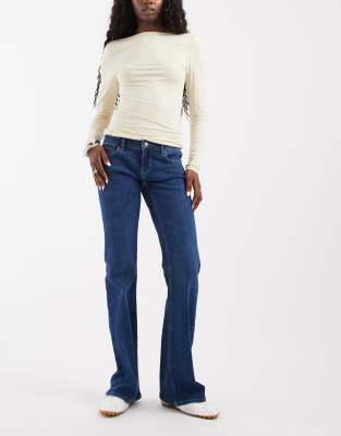 Only Lola Super Low Waist Flared Jeans In Blue