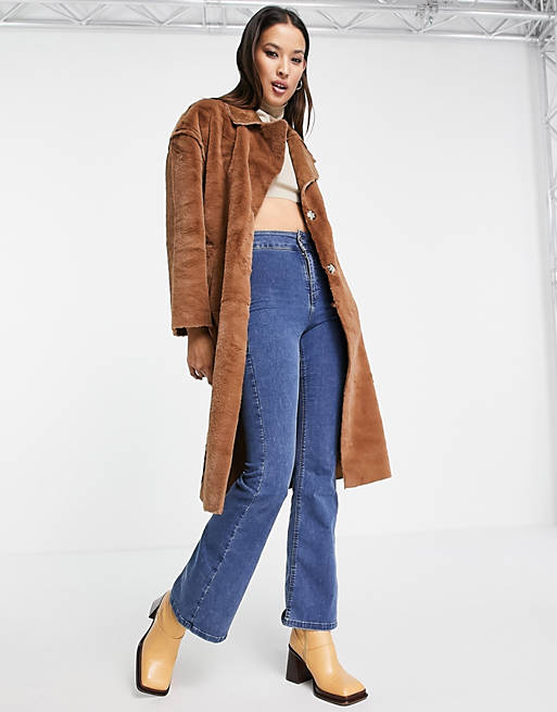 Only long bonded faux-fur coat in brown 