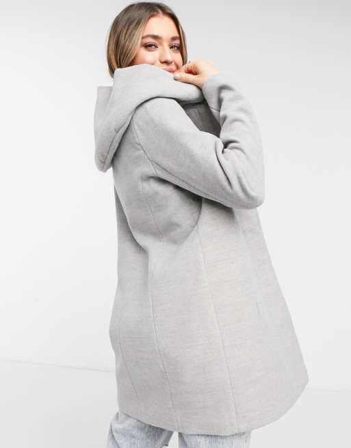 Only long line hooded zip up coat in light grey marl