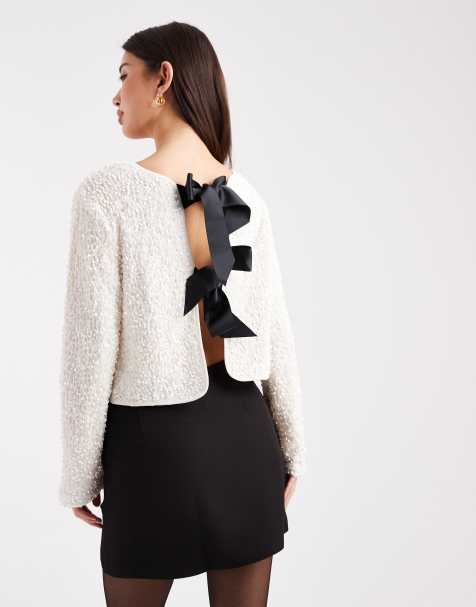 ONLY long sleeve bow back top in white sequin - view 1
