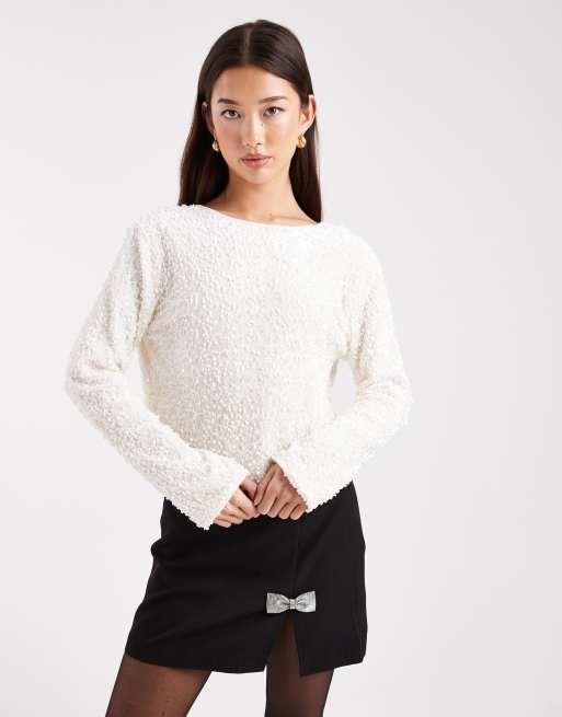 ONLY long sleeve bow back top in white sequin, 4 of 4