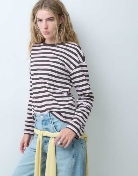 ONLY long sleeve boxy top in brown & pink stripes - view 1