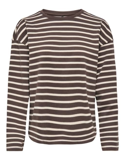 ONLY long sleeve boxy top in brown stripes, 4 of 6