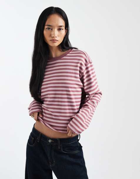 ONLY long sleeve boxy top in dark pink stripes - view 1