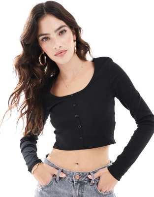 long sleeve button through top in black