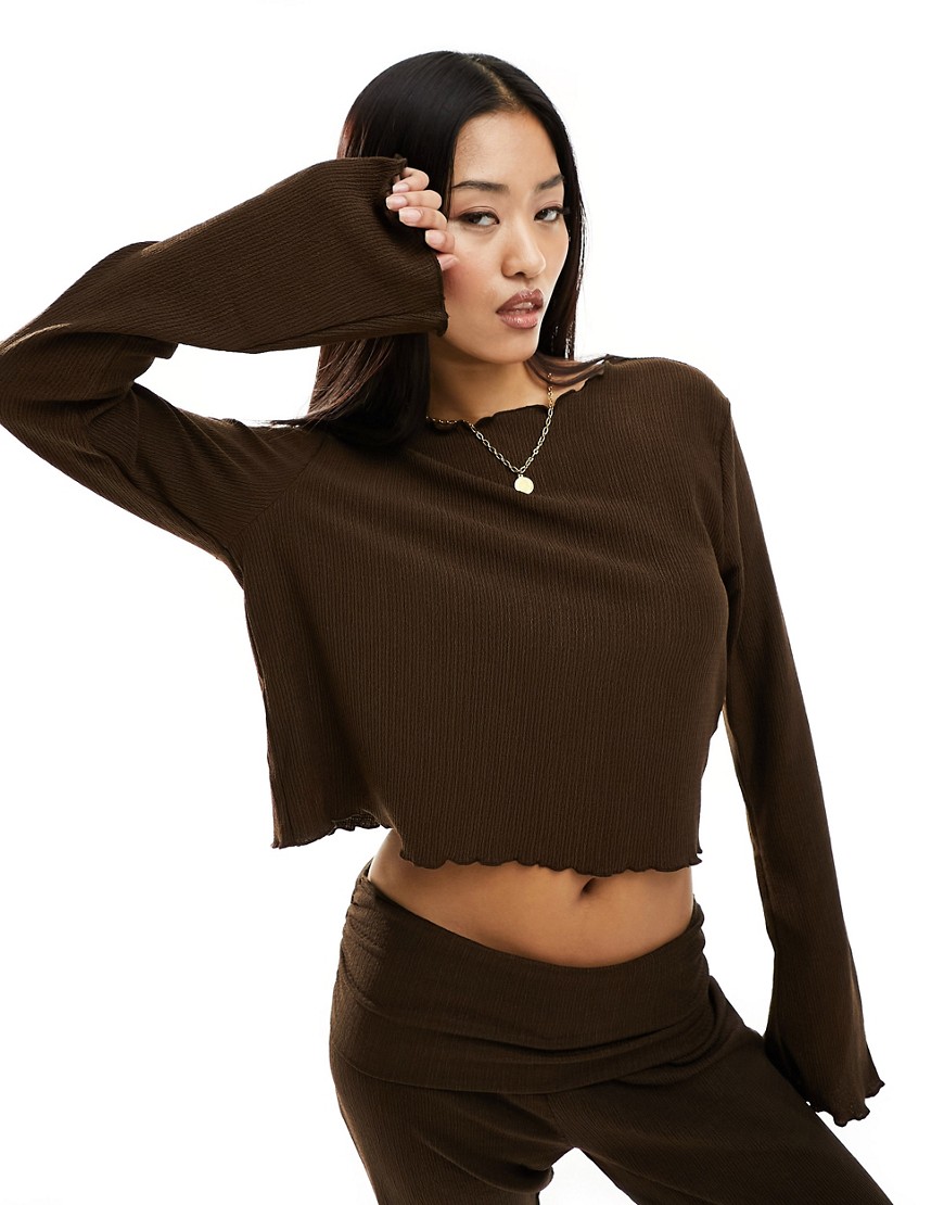 ONLY long sleeve crew neck co-ord top in brown-Black