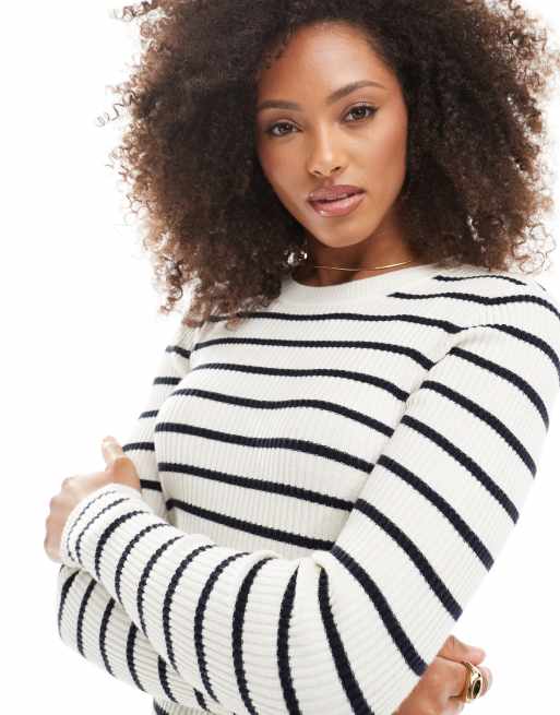 ONLY long sleeve crew neck knit top in beige with navy stripes