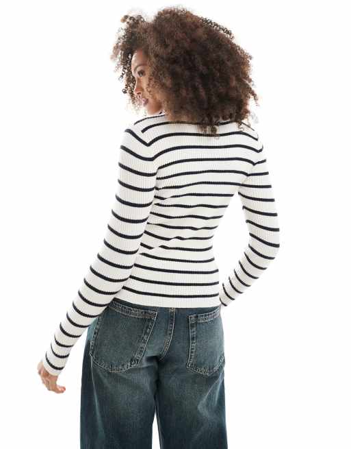 ONLY long sleeve crew neck knit top in beige with navy stripes