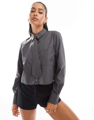 long sleeve crop shirt with matching tie in charcoal-Gray