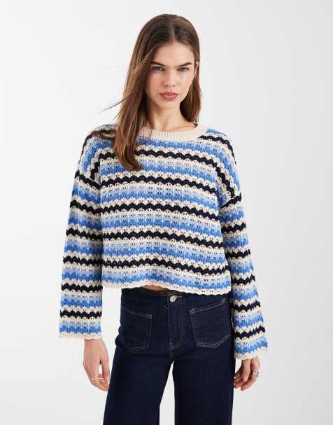 ONLY long sleeve cropped crochet top in blue stripes