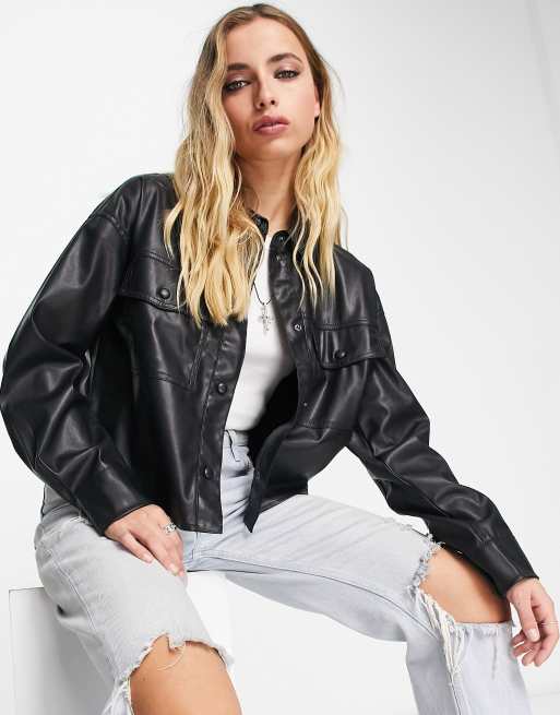 Only long sleeve cropped faux leather shirt in black | ASOS