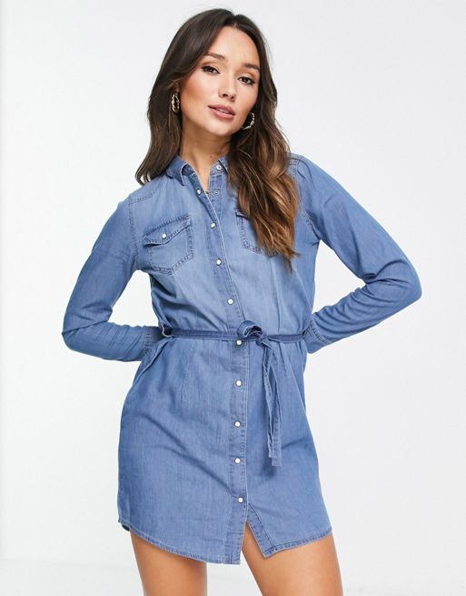 Only long sleeve denim shirt dress in blue | ASOS