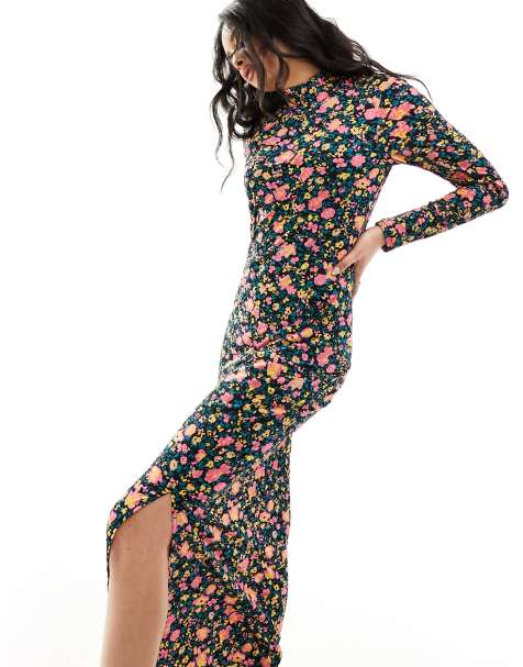 Floral Print Plunge Long Sleeve Maxi Dress