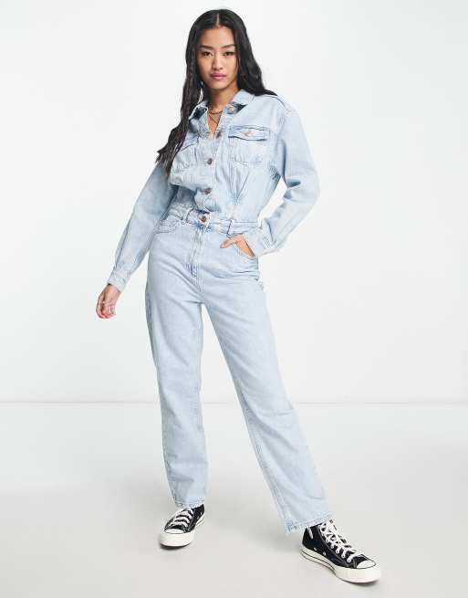 Only long sleeve jumpsuit in light blue denim