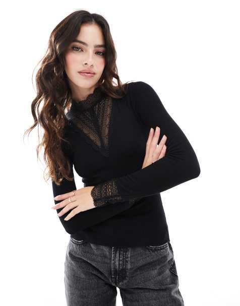ONLY long sleeve lace insert top in black - view 1