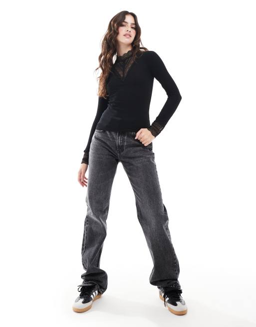 ONLY long sleeve lace insert top in black