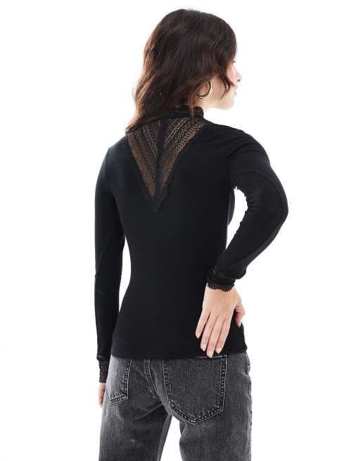 ONLY long sleeve lace insert top in black
