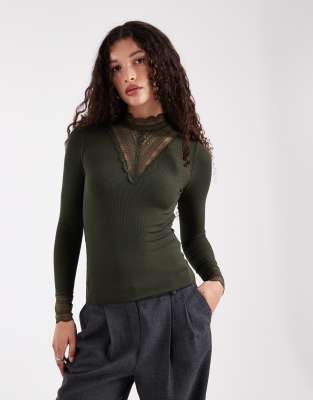 Only Long Sleeve Lace Insert Top In Green
