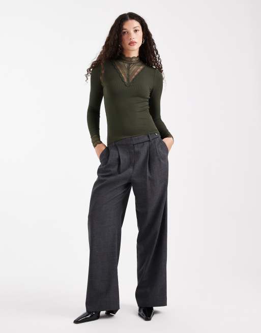 ONLY long sleeve lace insert top in khaki, 2 of 4