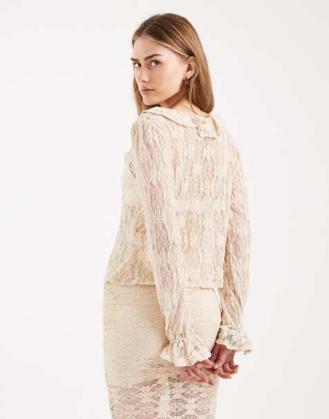 ONLY long sleeve lace top with ruffle detail and lace skirt co-ord in cream - view 1