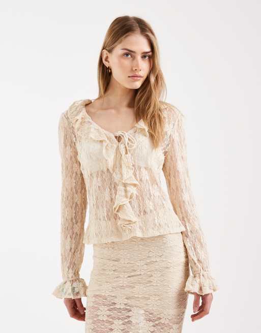 ONLY long sleeve lace top with ruffle detail and lace skirt set in cream, 3 of 3