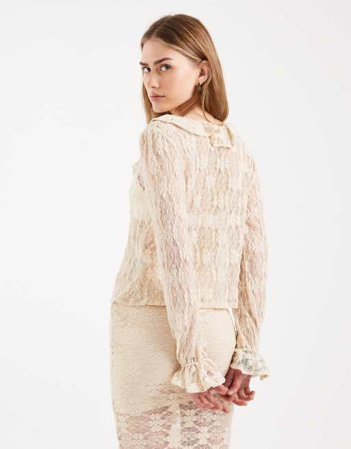 ONLY long sleeve lace top with ruffle detail in cream (part of a set), 2 of 4