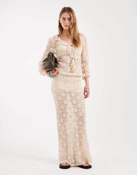 ONLY long sleeve lace top with ruffle detailing and lace skirt set in cream - view 1
