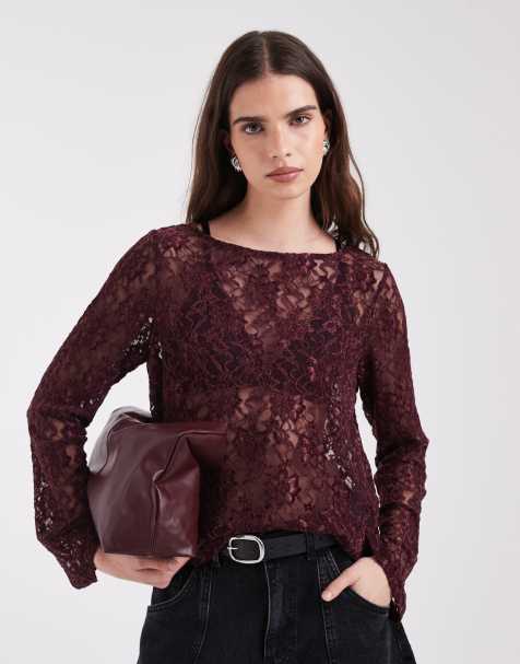 ONLY long sleeve lace top with velvet in burgundy - view 1