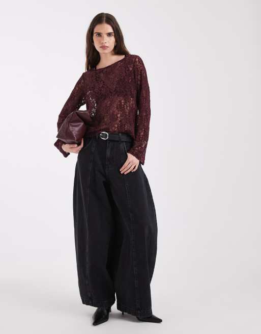 ONLY long sleeve lace top with velvet in burgundy, 2 of 4