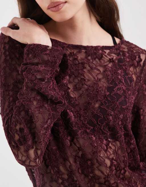 ONLY long sleeve lace top with velvet in burgundy, 3 of 4