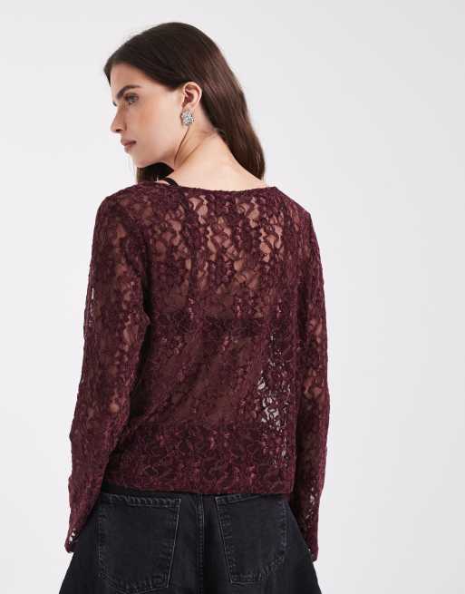 ONLY long sleeve lace top with velvet in burgundy, 4 of 4