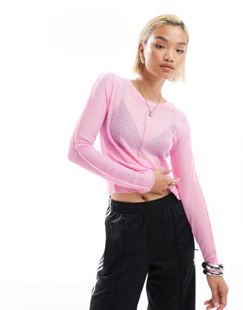ONLY long sleeve lettuce hem sheer top in pink - view 1