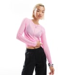 [ONLY] ONLY long sleeve lettuce hem sheer top in pink 6 PINK