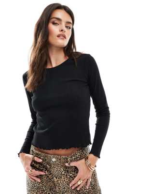 long sleeve lettuce hem top with pointelle in black