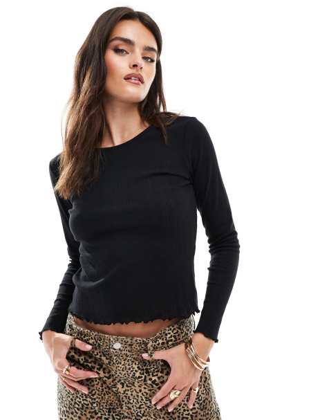 ONLY long sleeve lettuce hem top with pointelle in black - view 1