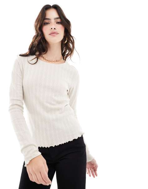 ONLY long sleeve lettuce hem top with pointelle in stone - view 1