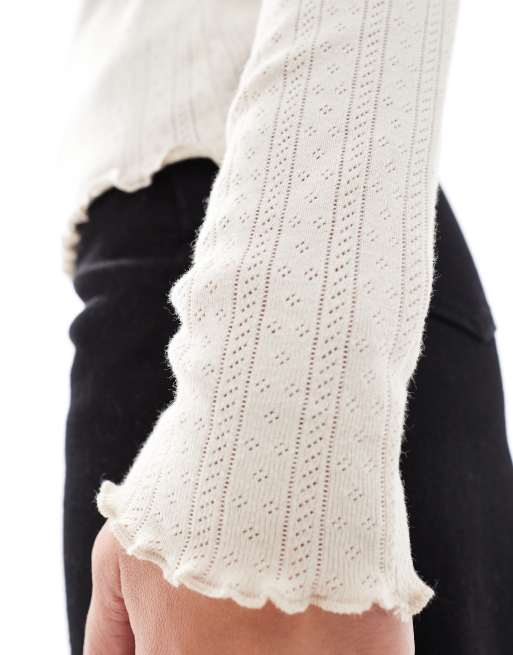 ONLY long sleeve lettuce hem top with pointelle in stone