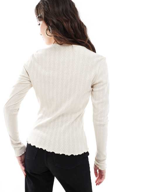 ONLY long sleeve lettuce hem top with pointelle in stone